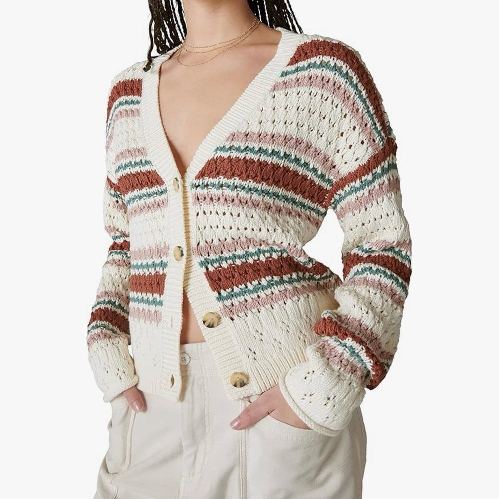 Lucky Brand Stripe Pointelle Button Down Cardigan Sweater